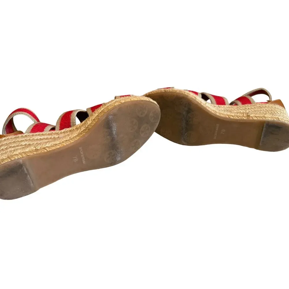 Tory Burch Canvas Wedge Espadrille Sandals Red Tan 7